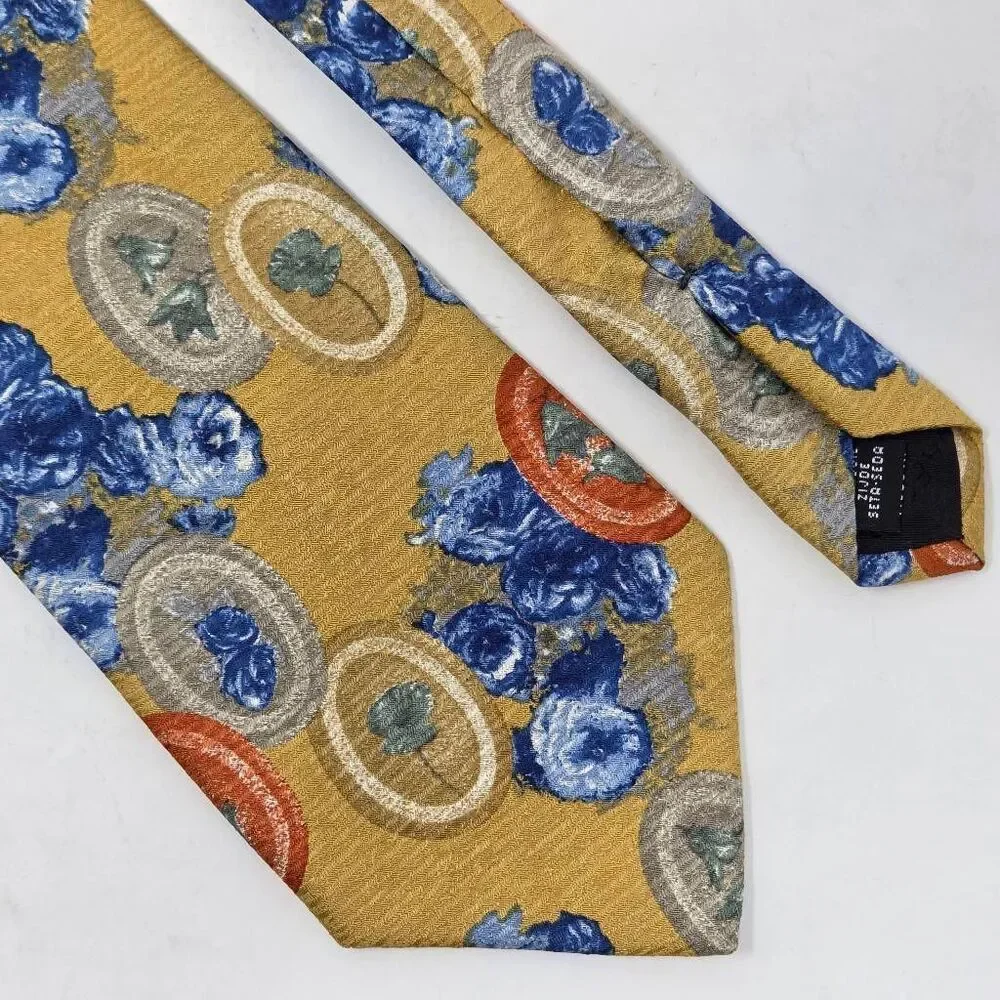 JAEGER MADE IN ITALY SILK TIE YELLOW BLUE FLORAL STILL LIFE JACQUARD 3.75